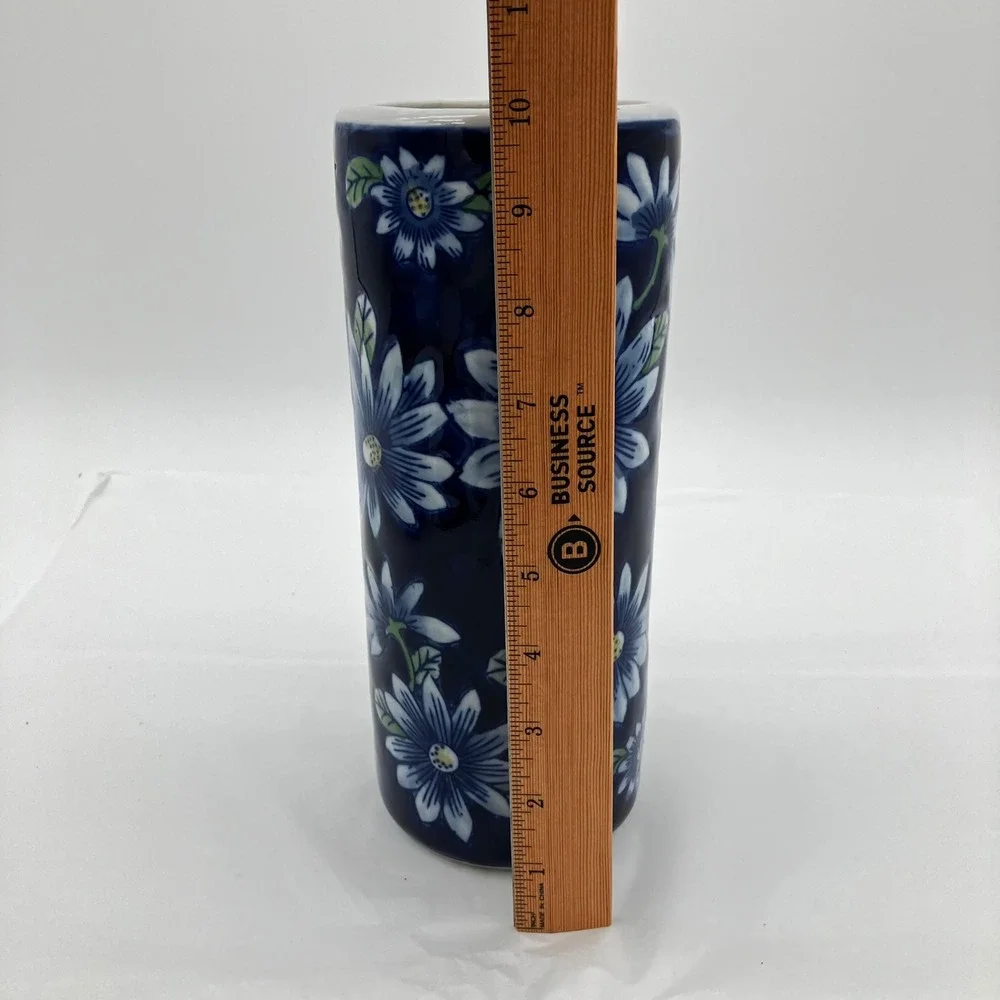 Ceramic Cylinder Vase 10in Blue White Floral Hand Painted Style